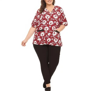 White Cross Scrub Top Womens 3XL Red White Coffee V Neck Two Pockets Holiday - Picture 1 of 10