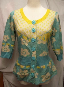 HWR Wool Mohair Blend Blue Yellow Floral Peplum Half Slv Cardigan Sweater Medium - Picture 1 of 3