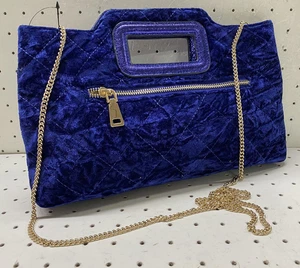 INC International Concepts Clutch Bag Blue Velvet Quilted Chain Crossbody Womens - Picture 1 of 10