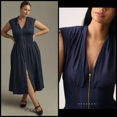 Anthropologie The Tommie Smocked Zip-Front Midi Dress Navy Storm Size XL - Image 1 of 4