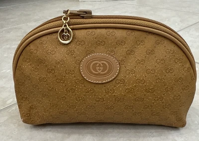 Винтажный GUCCI GG логотип холст кожаный косметический мешок сумка бежевый коричневый микро логотип - Изображение 1 из 4