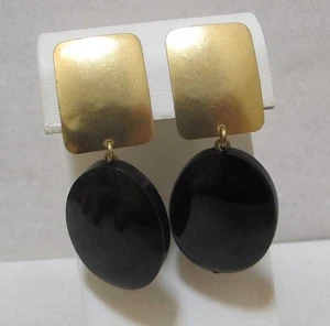 MARJORIE BAER Gold Tone Rectangle Dark Brown Lucite Oval Dangle Earrings 2-3/8” - Picture 1 of 13