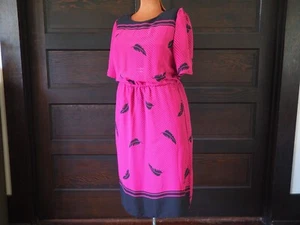 VTG 60s 70s Jenny's Pink Black Stripe Feather Mod Lightweight Summer Dress Sz L - Picture 1 of 10