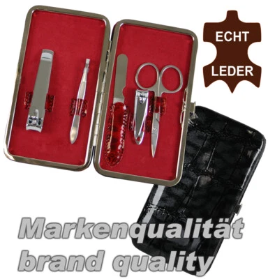 Maniküre Set hochwertiges Rindleder Reise Etui | 2 Knipser Schere Feile Pinzette - Bild 1 von 4