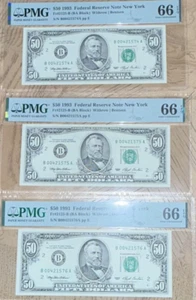 (3) 1993 $50 FRN Consecutive S/N PMG GEM UNCIRCULATED 66, 66, 66 EPQ NY - Picture 1 of 2