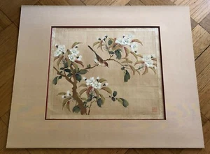 OLD CHINESE /JAPANESE "SPARROW and TREE" WATERCOLOR PAINTING ON SILK. RED SEALED - Picture 1 of 5