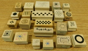 22 Piece Stamps Wooden Rubber Checkered Frames Splash Swirl Themed Lot . - Bild 1 von 13
