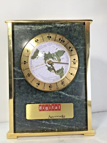 Vintage Brass & Marble World Desk Quartz Clock by Digital Networks! New Battery! Cover