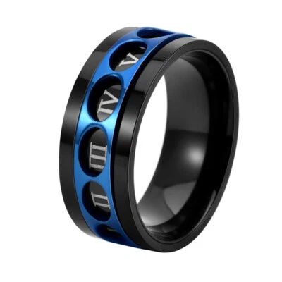 Anillo giratorio de acero inoxidable con números romanos azul negro talla 7-12 Foto 1 de 2