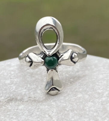 Ankh Ring solid .925 Sterling Silver Sz 9 w/ Natural Malachite Kemetic Egyptian - Image 1 of 4