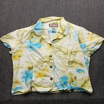 Jamaica Bay Crop Top Women Petite Large Blue Yellow Flower Tropical Resort Beach - Image 1 of 4