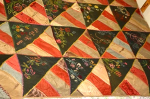 Antique 1889 Embroidered Quilt Pictorial Hand Stitched Crazy Half Square stripe - Picture 1 of 18