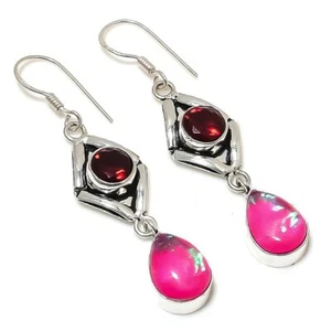 Pink Triplet Opal, Garnet Gemstone 925 Sterling Silver Jewelry Earring 2.40" - Picture 1 of 1