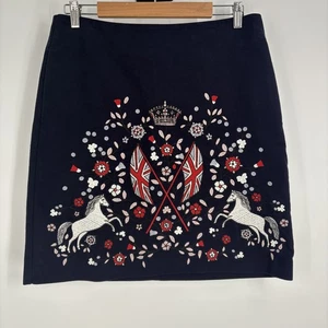 Boden Skirt Womens Size 10 Navy Blue Embroidered Union Jack Crown Horse Floral - Picture 1 of 9