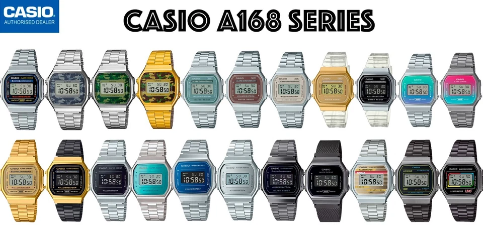 CASIO A168⎪PLATA⎪DORADO⎪GRIS⎪CAMUFLAJE⎪NEGRO⎪AZUL⎪VERDE⎪Original⎪Vintage ICONIC - Imagen 1 de 1