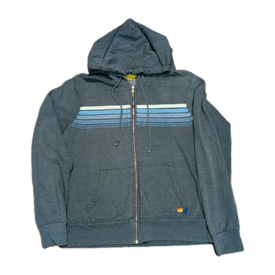 Aviator Nation 5 Stripe Zip Hoodie Sweatshirt Size L Charcoal Gray Blue - Image 1 of 4