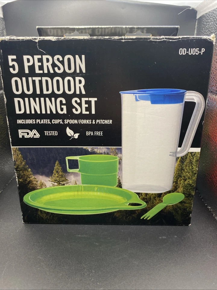 Juego de comedor exterior camping 5 personas, platos, tazas, tenedores, jarra. NoBPA probado por la FDA Foto 1 de 4