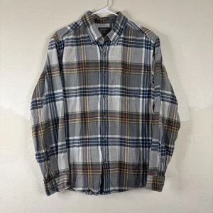 Eddie Bauer Flannel Shirt Sz Large Gray Blue Red+ Plaid 100% Cotton Button Front - Picture 1 of 8