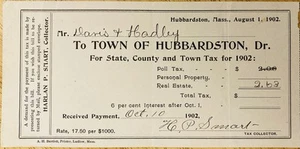 1902 TOWN OF HUBBARDSTON, MASS. TOWN TAX BILL PAYMENT RECEIPT - Picture 1 of 1