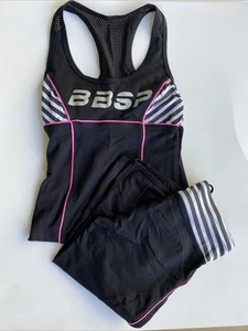 Bebe Sport BBSP Pink and Black Stripes Bra Tank Pants Set Small XS Made in USA - Picture 1 of 6