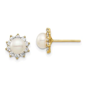 Aretes de oro amarillo de 14K de 5-6 mm con perlas cultivadas de agua dulce y circonitas cúbicas - Imagen 1 de 5