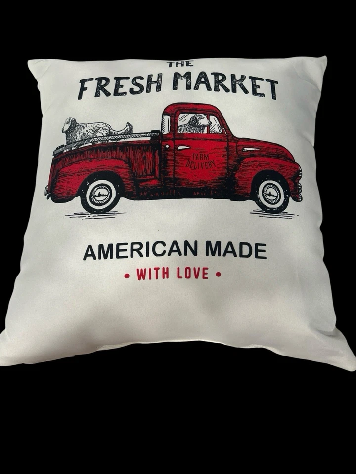 Red Truck FRESH MARKET  Indoor Outdoor Toss Throw Pillow With Dogs 16x16 - Image 1 of 3