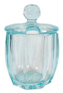 Condiment Mustard Mayonnaise Jar & Lid Aquamarine Elegant Glass Pretty HELP - Picture 1 of 7