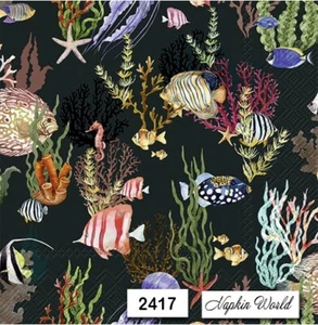 (2417) TWO Individual Paper LUNCHEON Decoupage Napkins - OCEAN FISH CORAL NIGHT - Picture 1 of 3