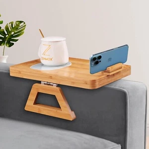 Bamboo Clip On Couch Tray-Built-in Mug Warmer-Mug Set-360° Rotating Phone Holder - Picture 1 of 8