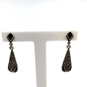 Vintage signierte Sterling Art Deco schwarzer Onyx Markasit Träne Ohrhänger - Bild 1 von 8