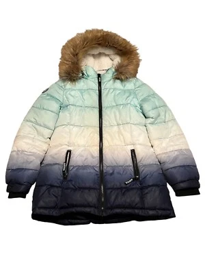 Justice Quilted Puffer Jacket Girls Winter Coat Size 12 Blue Ombré Faux Fur Hood - Image 1 of 4