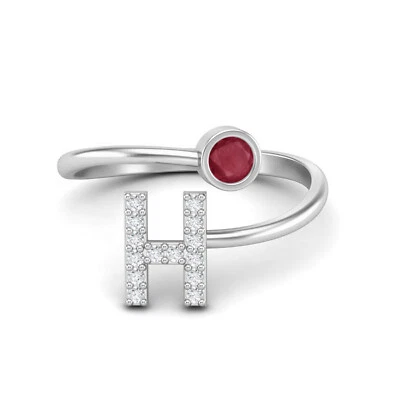 Anello aperto frontale regolabile riempito vetro rubino lettera iniziale H argento 925 - Immagine 1 di 4