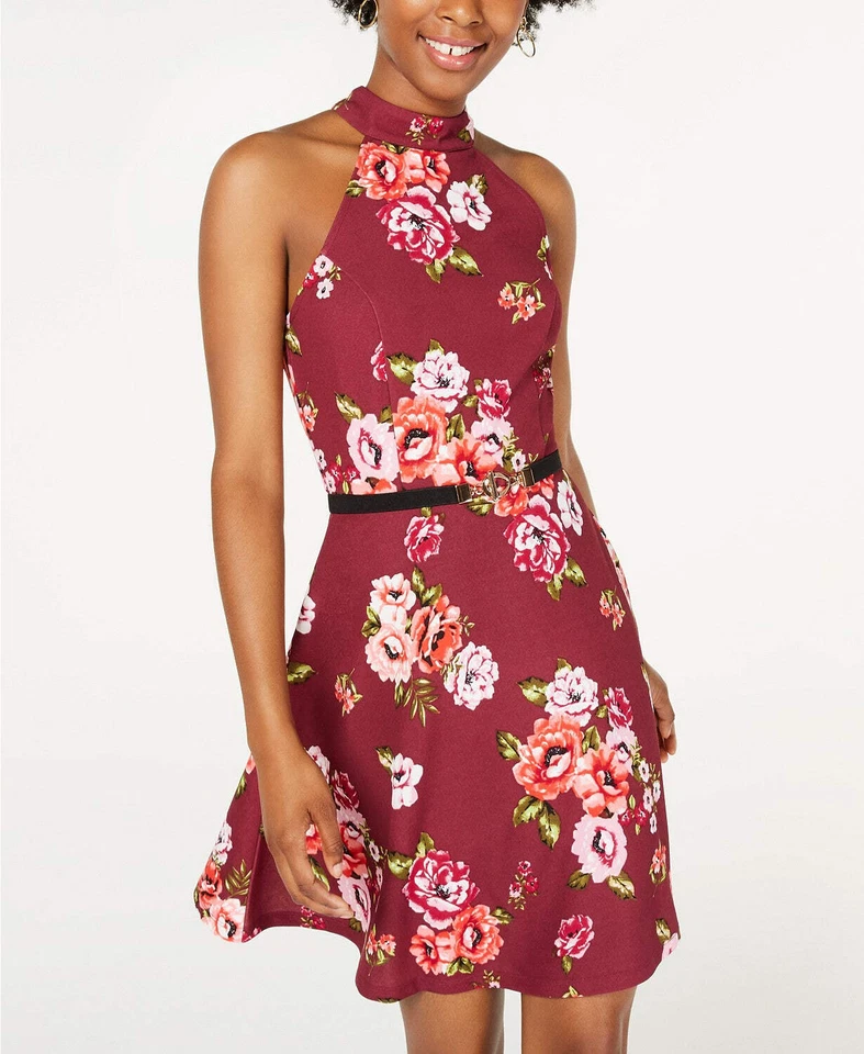 Crave Fame Womens Purple Floral Halter Mini Fit Flare Dress Juniors Size L