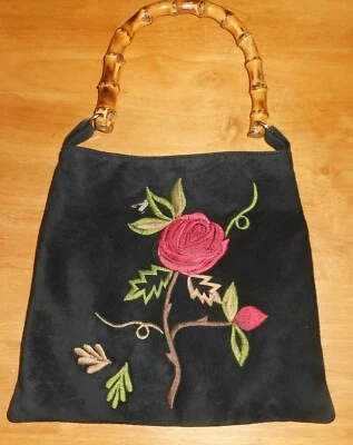 Viva Bags of California Negro Gamuza Bordado Rosa y Hojas Bambú Mango PU Foto 1 de 4