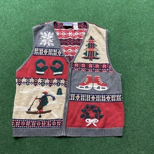 Vintage Vest Unisex XL Red 90S Winter Ski Plaid Cotton Teacher Knit Sweater - Picture 1 of 7