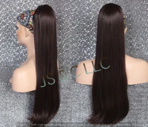 Dark Brown Human Hair Blend Ponytail Heat Safe Straight long drawstring - Picture 1 of 4