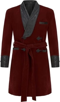 男式长款天鹅绒吸烟长袍双排扣夹克外套带腰带 — 第 1/4 张图片