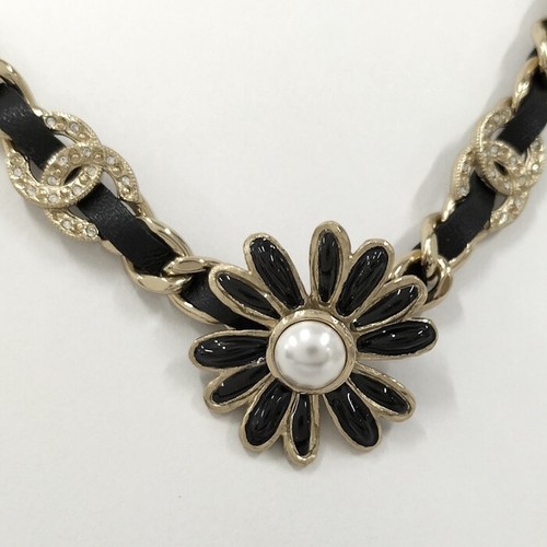 AUTENTICA COLLANA CHANEL FIORE PERLE CATENA LUNGA PELLE PLACCATA COLLO A22K:33 5 43CM