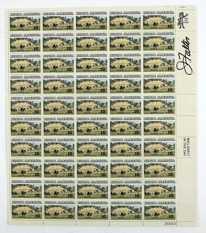 John Falter Signed Sheet of Stamps 1974 USPS Rural America Chautauqua - Image 1 of 3