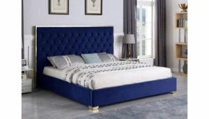 Gold Frame & Legs Blue Color California King Size Upholstered Fabric 1pc Bed - Picture 1 of 3