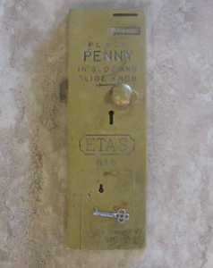 Antik ETAS No 5 Messing Pfennig WC Türschloss leer eingerastet Türriegel Riegel - Bild 1 von 6