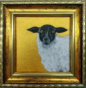 Sheep painting original Portrait farm animals Small Oil Painting Gold Framed - Picture 1 of 10