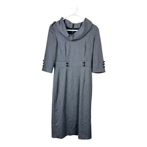 Womens Herringbone Sheath Lined Button Midi Dress Cowl Neck 3/4 Sleeve Gray 4 - Picture 1 of 10