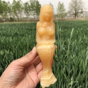 0.79LB Natural Yellow Calcite mermaid elf Sculpture handmade Reiki XK3539-03-A - Picture 1 of 18