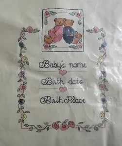 Baby's Name Date and Birth Place 2 Teddy Bears Cross Stitch Kit 8" x 10" - Picture 1 of 3