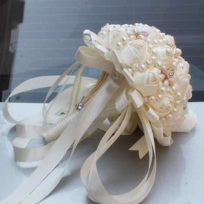 Handmade Luxury Rose Silk Pearls Rhinestone Brooch Wedding Bridal Bouquet Ivory - Image 1 of 2
