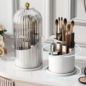 360° Rotating Makeup Brush Holder Storage Box Desktop Cosmetic Organizer w/ Lid - Picture 1 of 13
