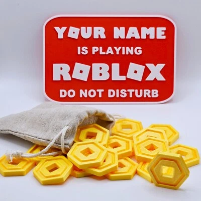 Personalised Roblox Door Sign and Robux Inspired Gold Coins - Custom Name Plaque - Image 1 of 4