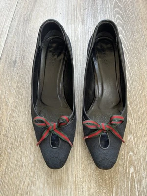Authentic GUCCI Classic Black Monogram High Heels Pumps Sz 37C - Image 1 of 4