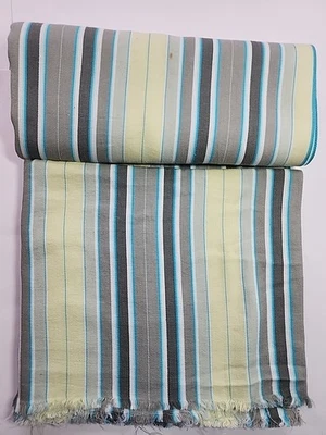 2+yds 2pc Vtg Pale Yellow Gray White Blues Striped Cotton Ticking Fabric Sewing - Image 1 of 4